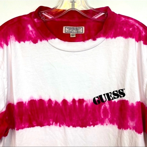 GUESS Stripe Pink & White Tie-Dyed Logo T-Shirt - Picture 7 of 11